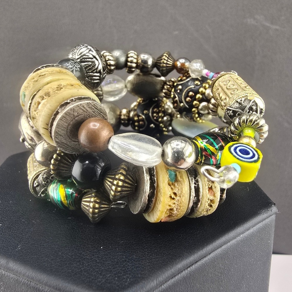 Vintage Estate Wrap Bracelet Multicolor Beaded Chunky Coil Eclectic 7.25